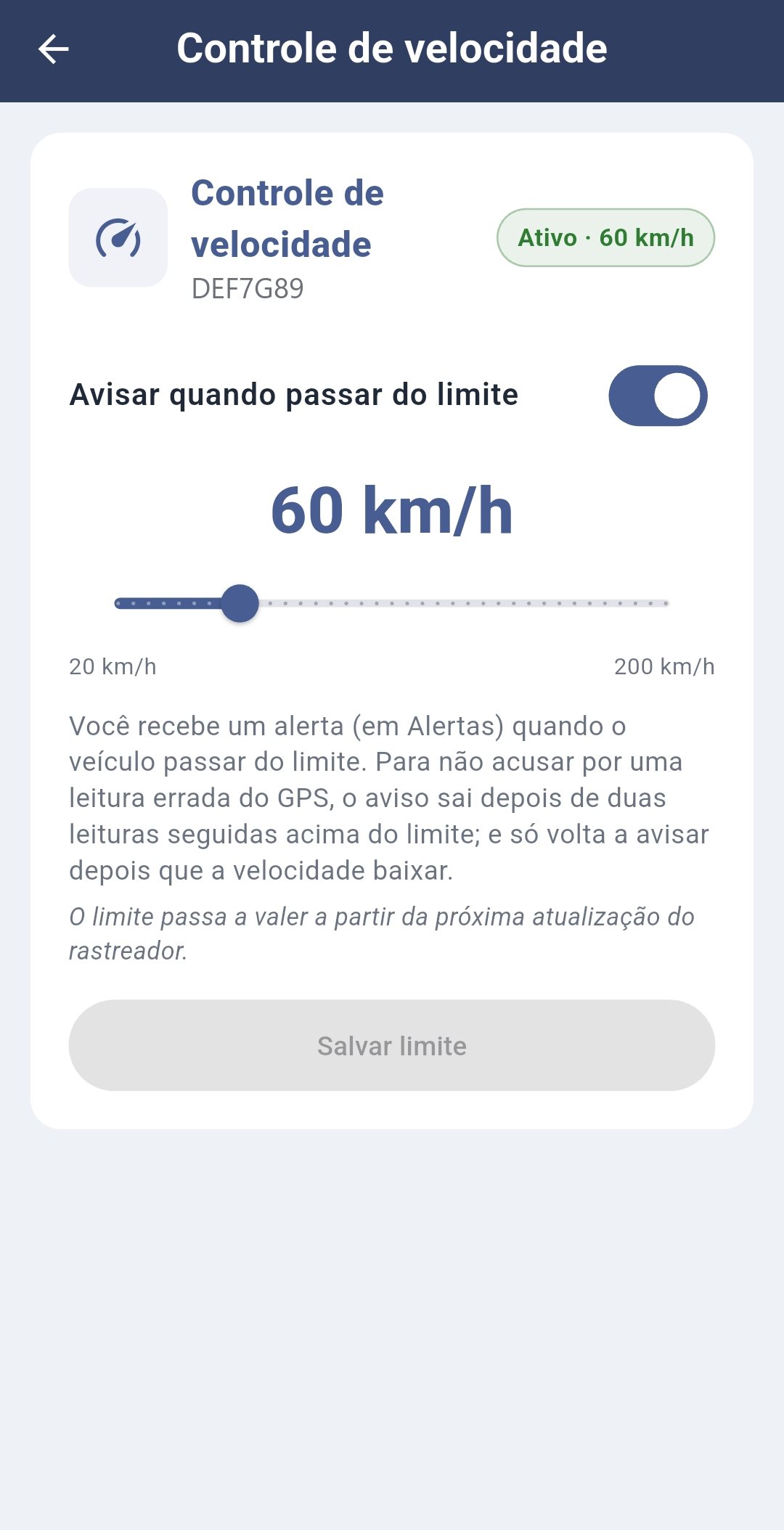 Controle de velocidade no aplicativo Cloudsat